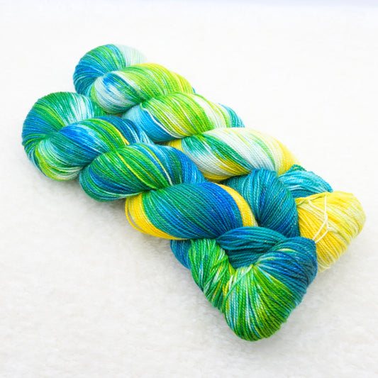 Woolly Adventures handgeverfd wol merino sock sparkle sneeuwgeverfd blauw geel